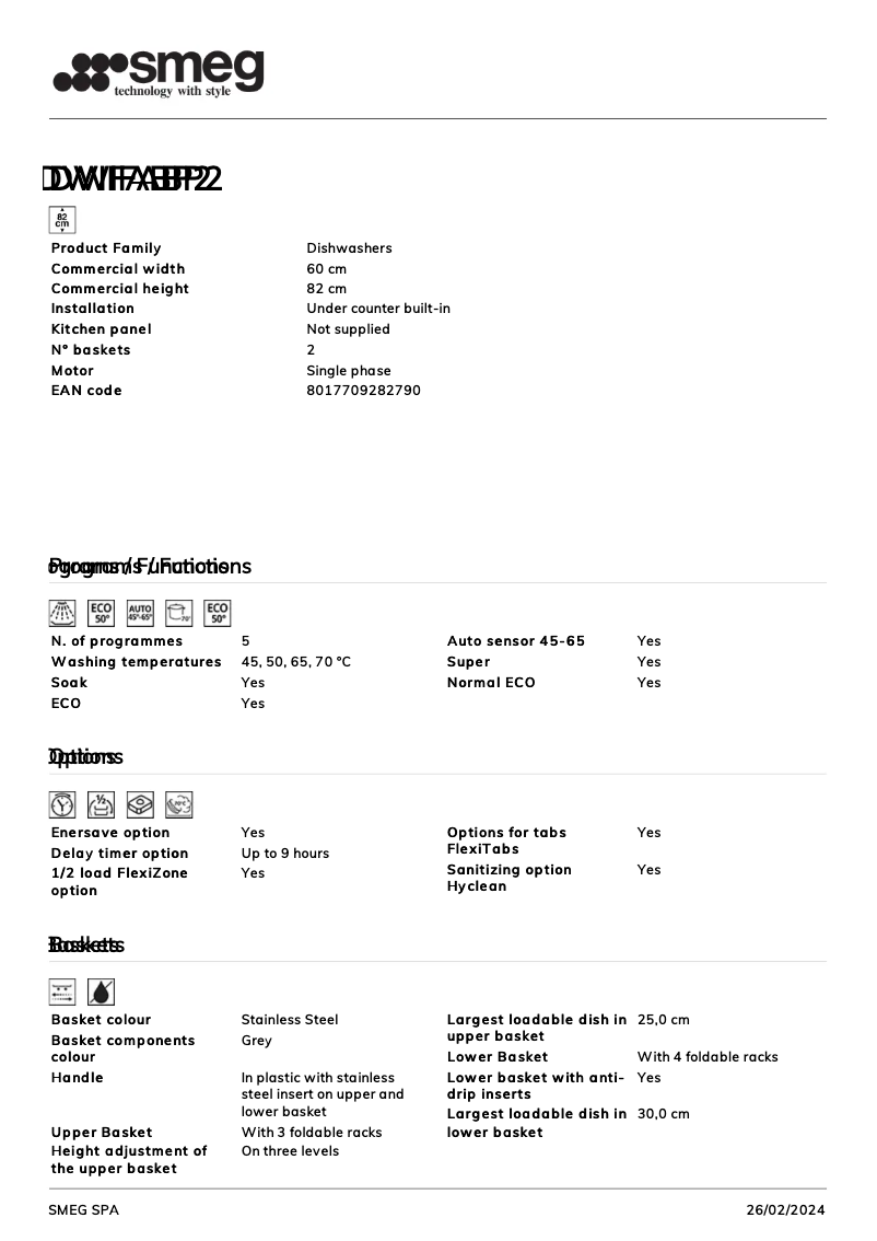 Page n°1 - Fiche technique Smeg DWIFABP2