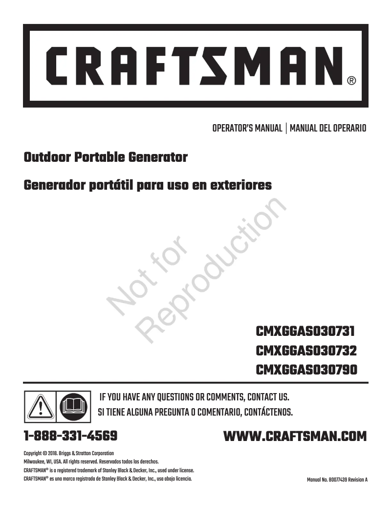 Page n°1 - Manuel utilisateur Craftsman CMXGGAS030731