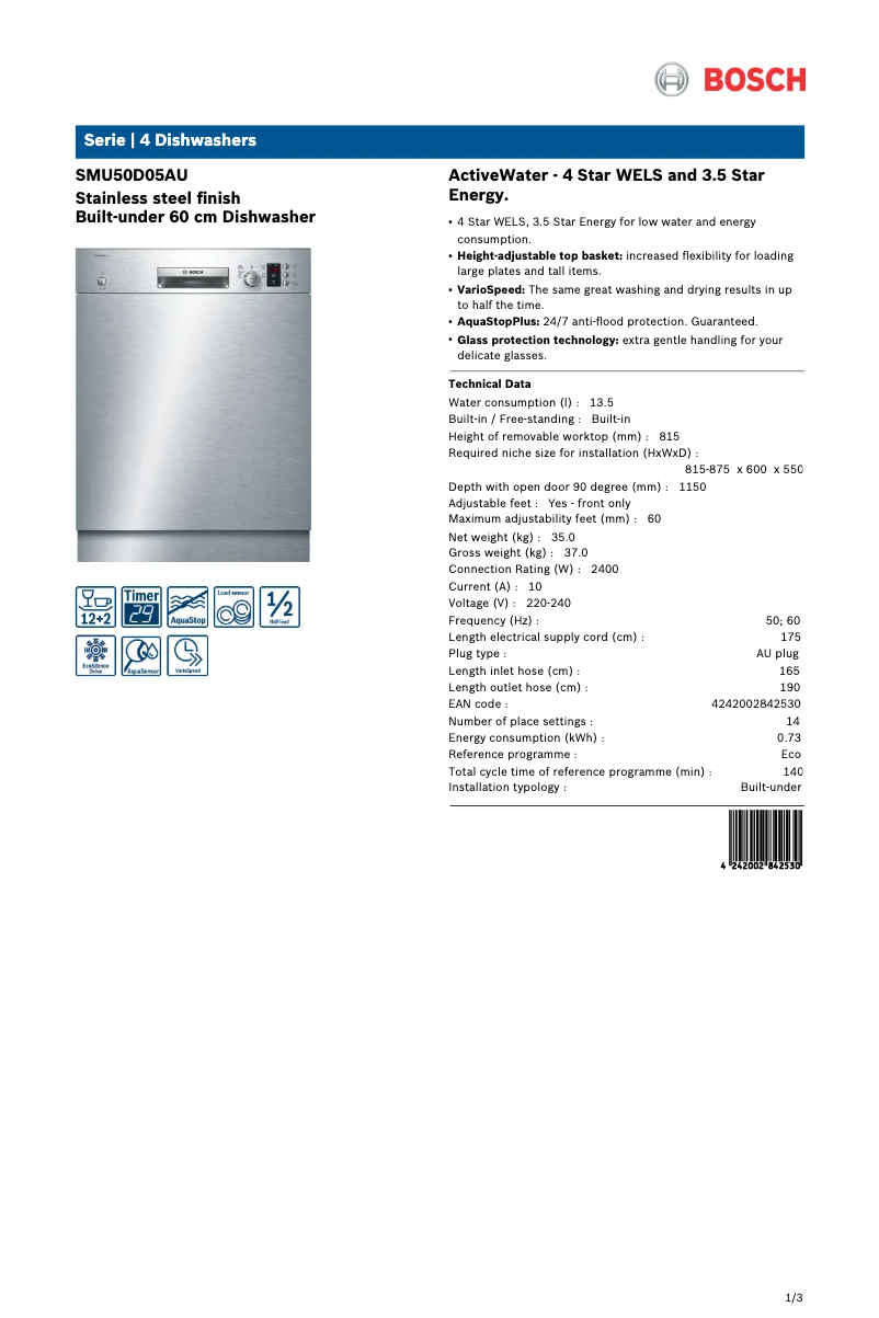 Page 1 of the manual Technical Sheet Bosch SMU50D05AU