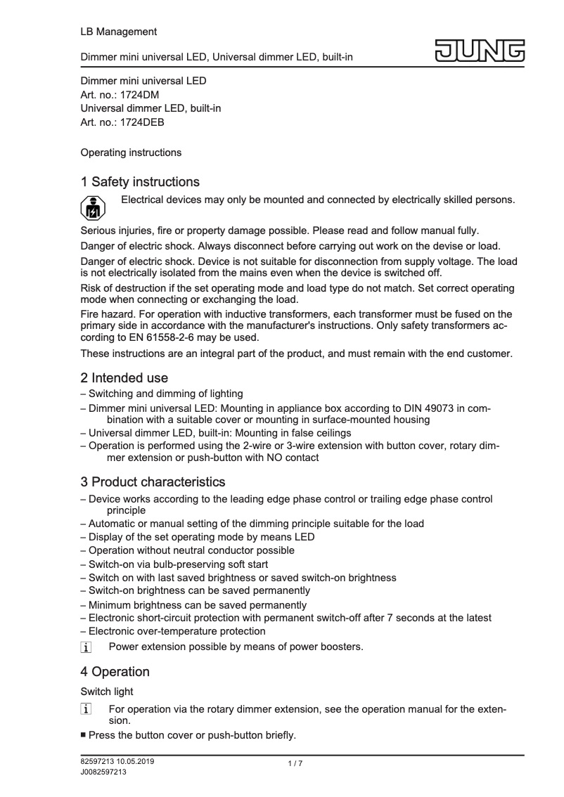 Page 1 de la notice Manuel utilisateur JUNG 1724DM