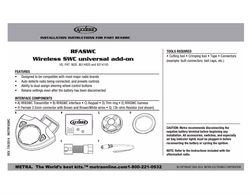 Image de la première page du manuel de l'appareil RFASWC