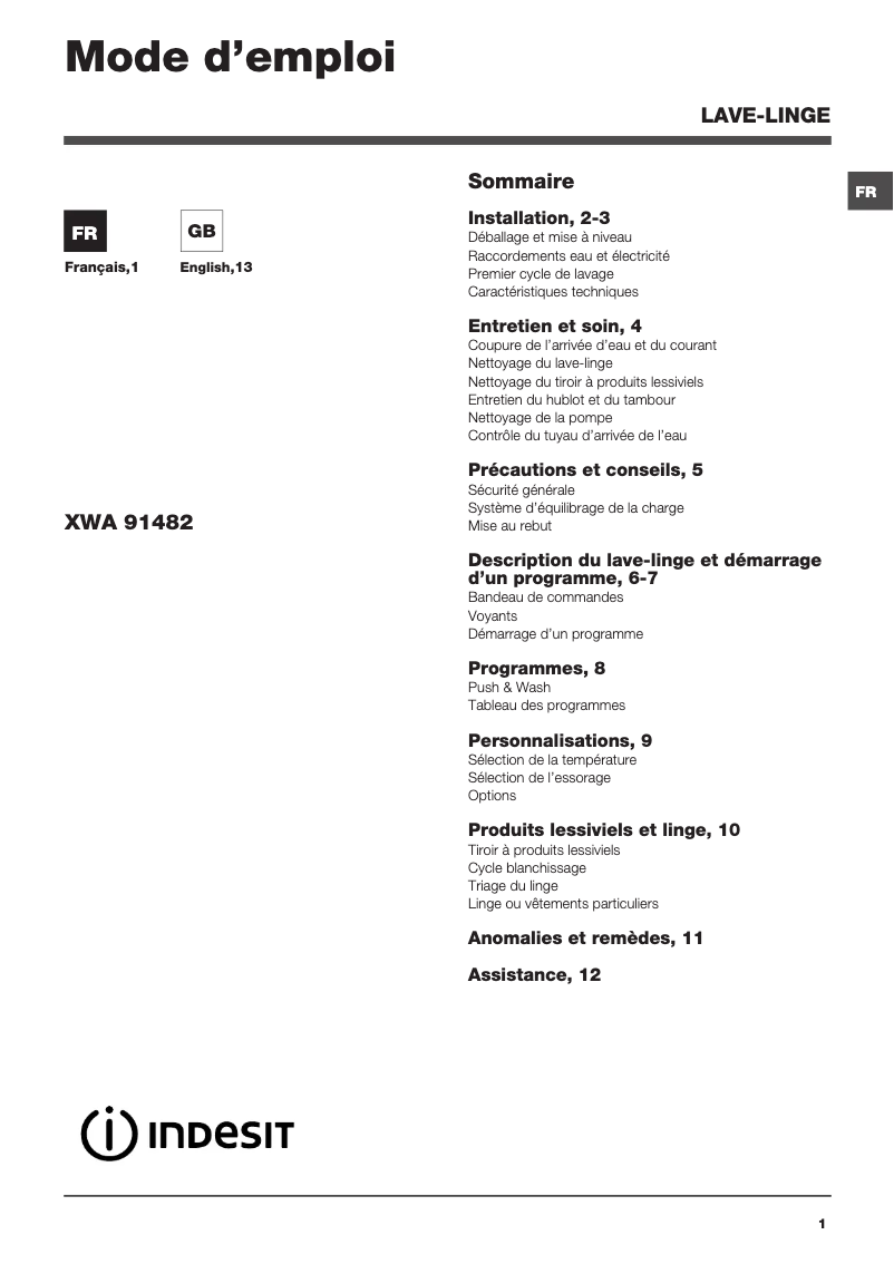 Image de la première page du manuel de l'appareil XWA 91482