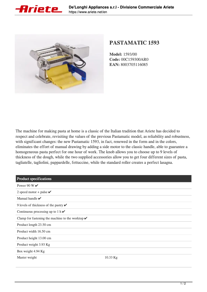 Página 1 del manual Ficha técnica Ariete Pastamatic 1593