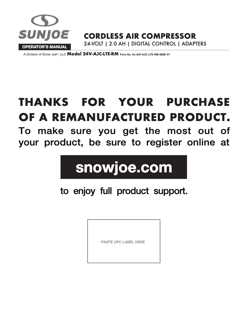 Page 1 de la notice Manuel utilisateur Sun Joe 24V-AJC-LTE-RED-RM