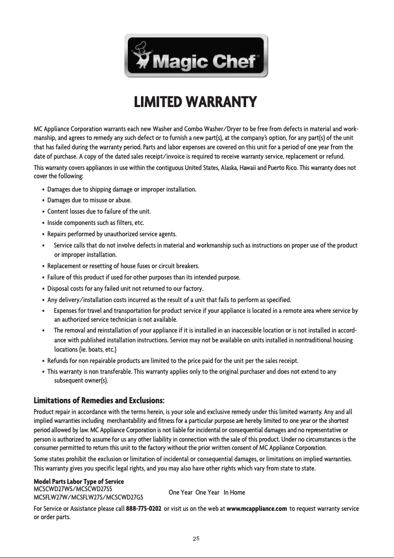 Page 1 de la notice Informations de garantie Magic Chef MCSCWD27G5
