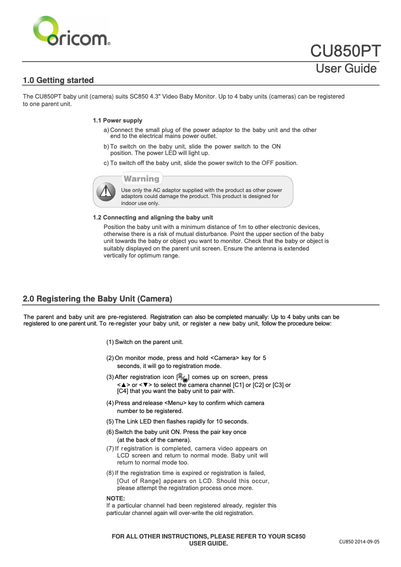 Image de la première page du manuel de l'appareil CU850
