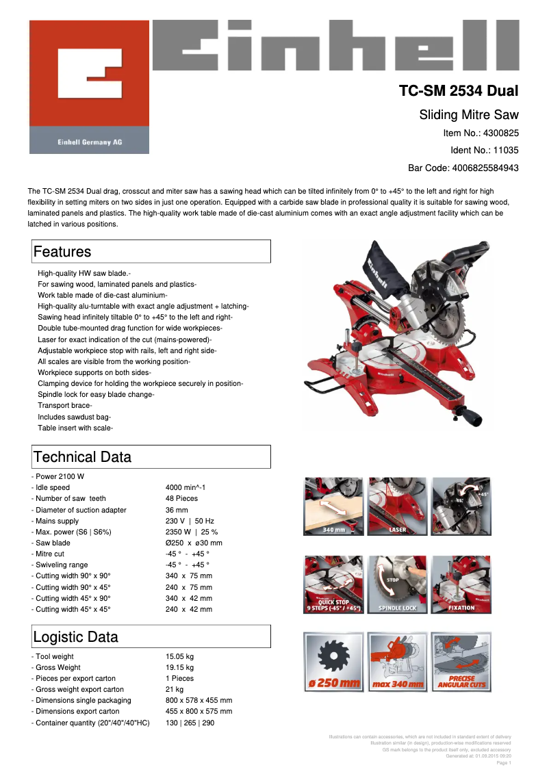 Page n°1 - Fiche technique Einhell TC-SM 2534 Dual