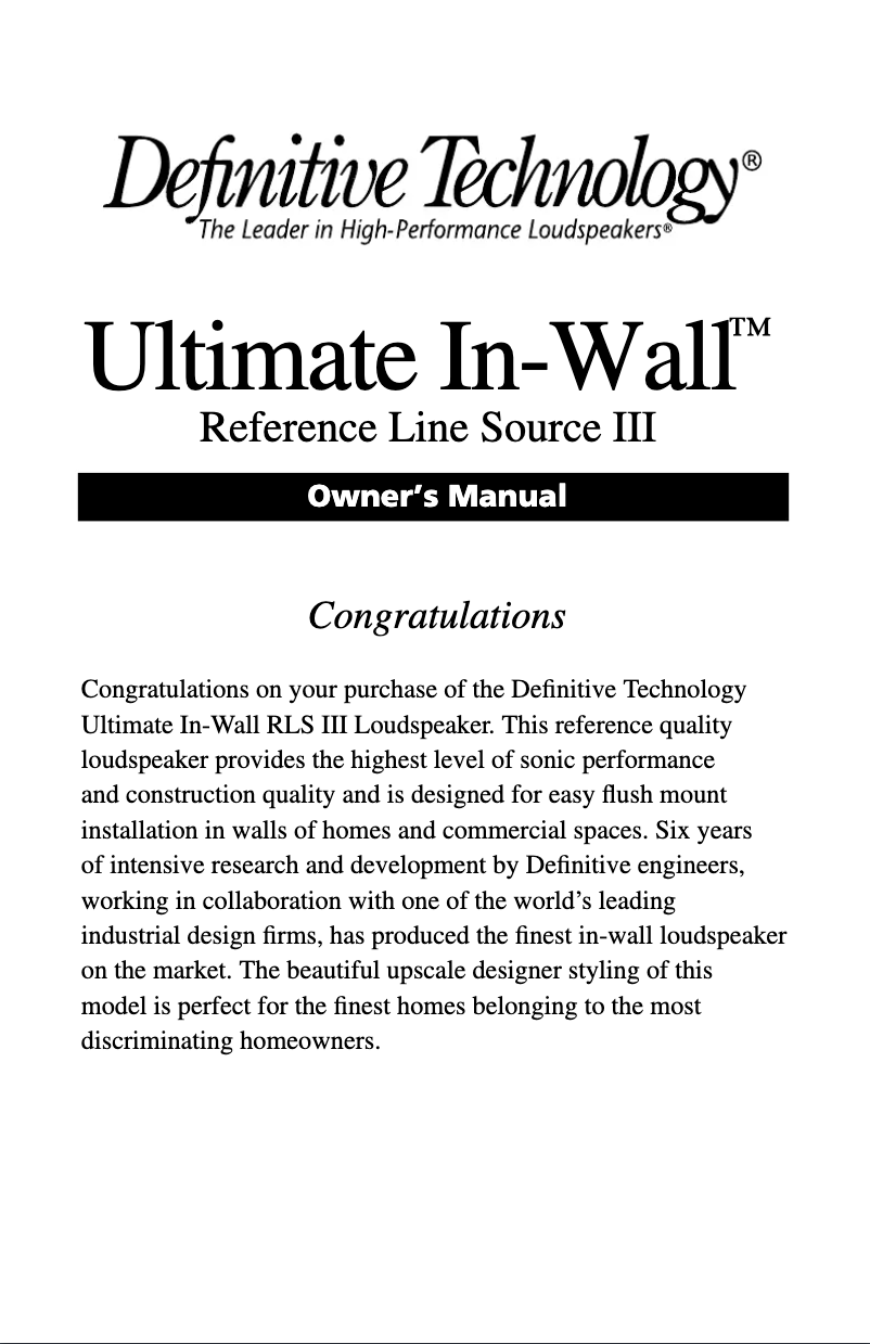 Image de la première page du manuel de l'appareil Ultimate In-Wall Reference Line Source III
