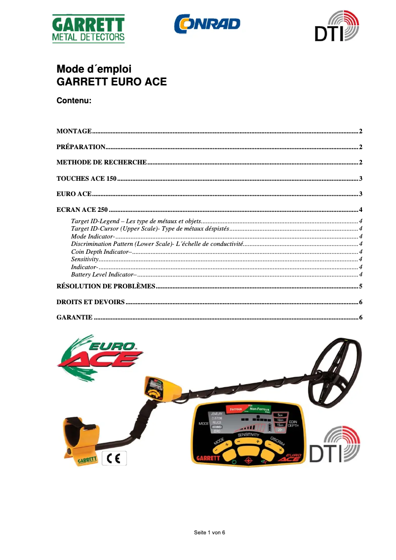 Page 1 de la notice Manuel utilisateur Garrett Euro Ace