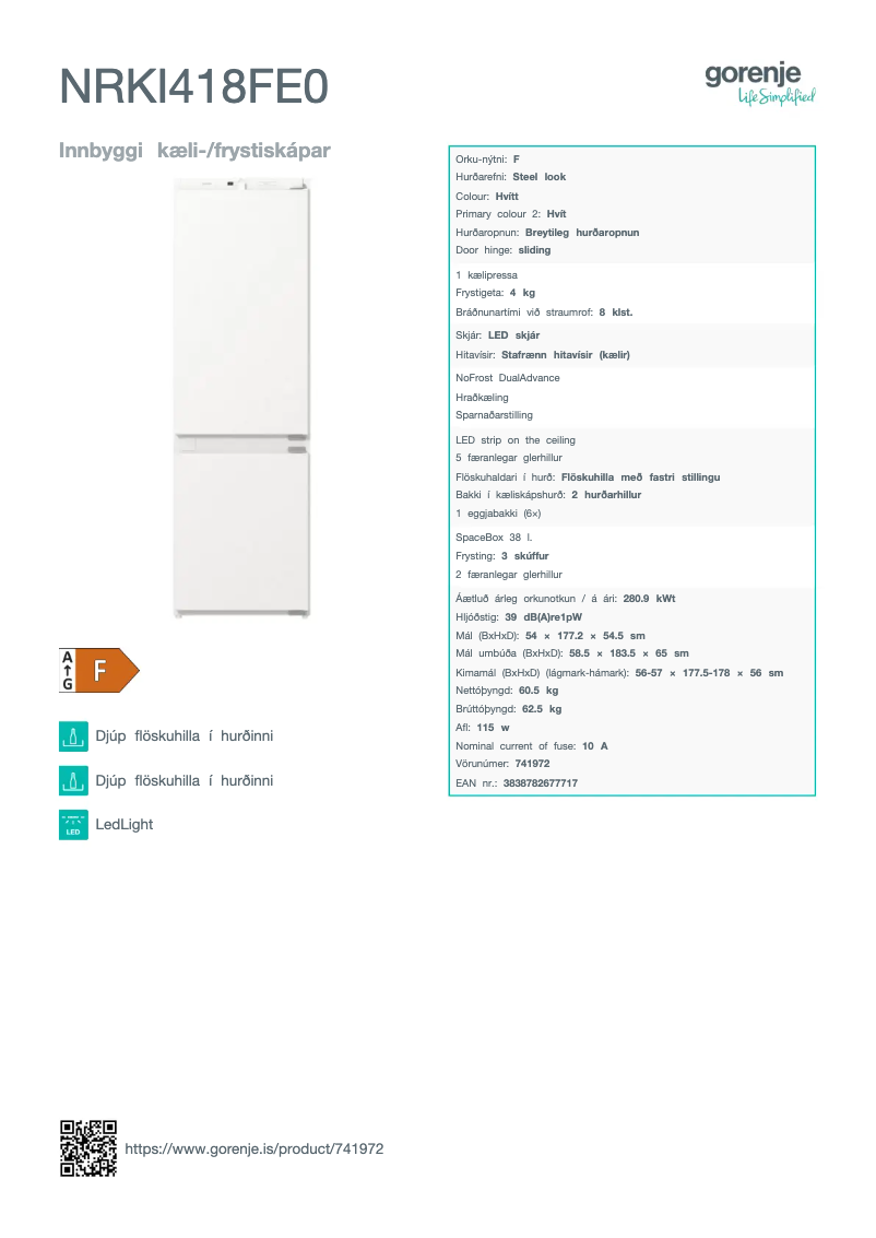 Page 1 de la notice Fiche technique Gorenje NRKI418FE0