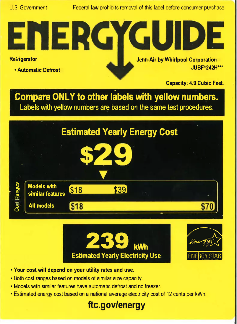Page 1 de la notice Label énergétique JennAir JUBFR242HX