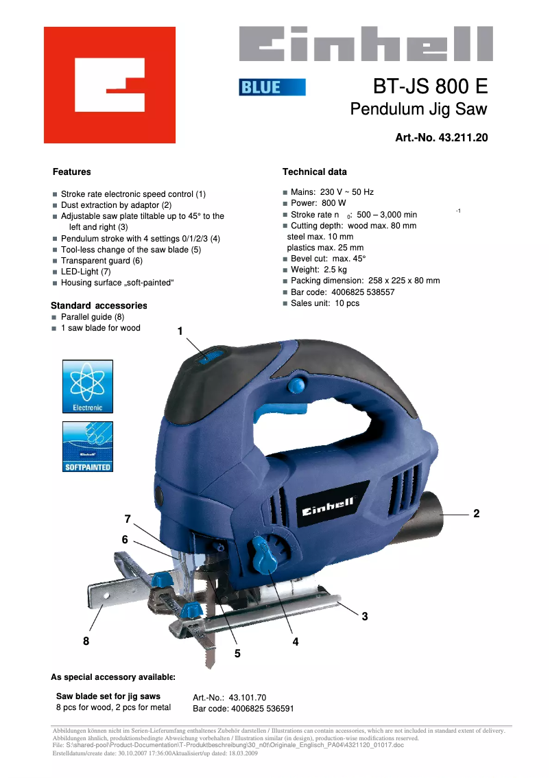 Page 1 de la notice Fiche technique Einhell BT-JS 800 E