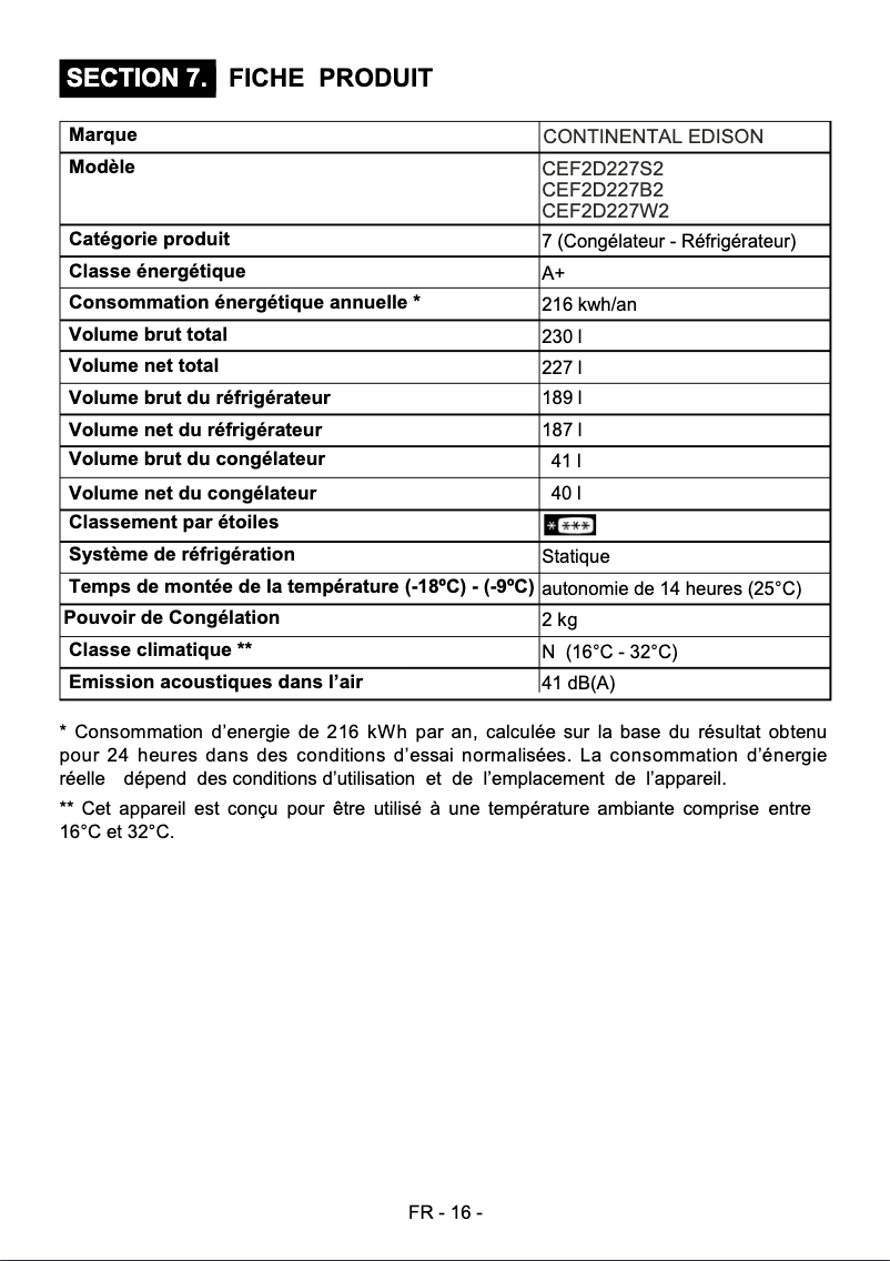 Page 1 de la notice Label énergétique Continental Edison CEF2D227W2
