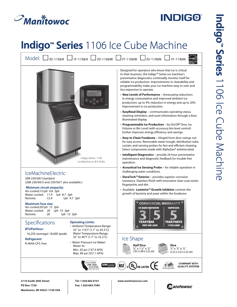Page n°1 - Fiche technique Manitowoc ID-1196N