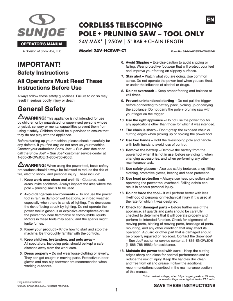 Page 1 de la notice Manuel utilisateur Sun Joe 24V-HCSWP-CT