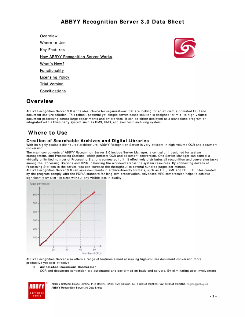Page 1 de la notice Fiche technique ABBYY Recognition Server 3.0