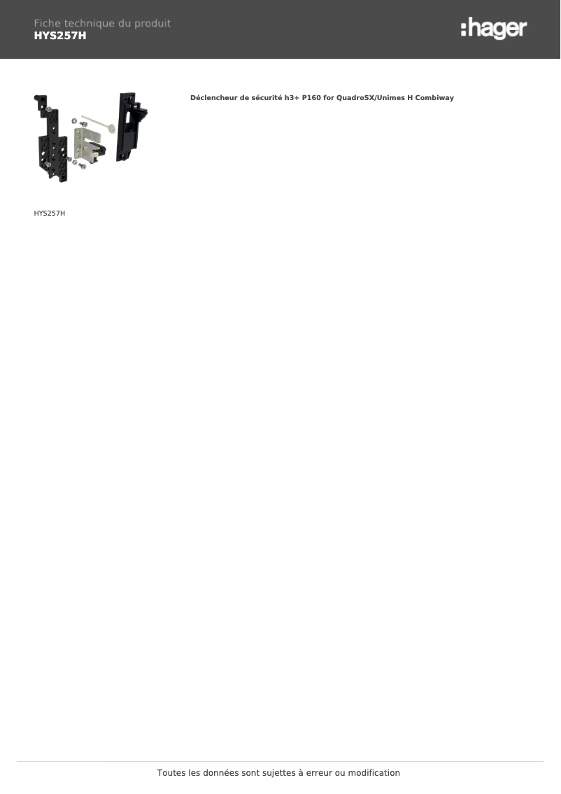 Page 1 de la notice Fiche technique Hager HYS257H