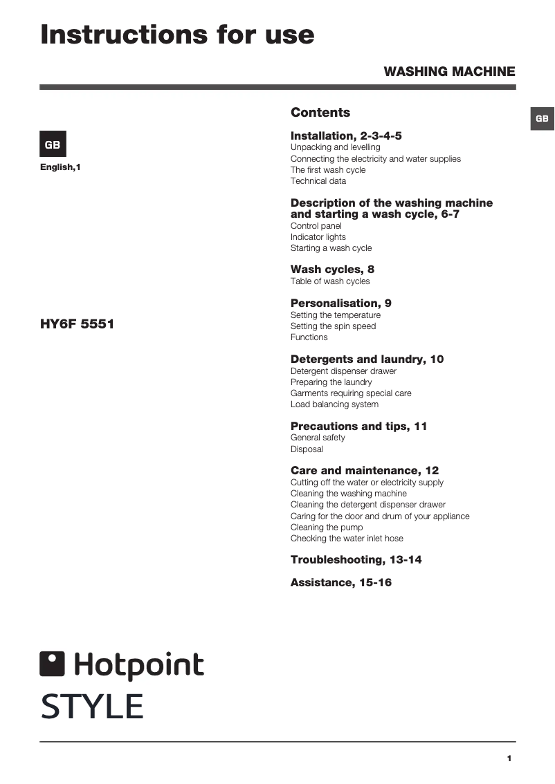 Page n°1 - Manuel utilisateur Hotpoint HY6F 5551P