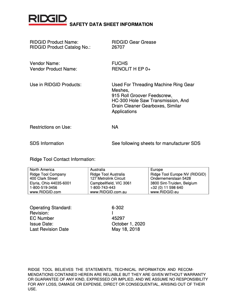 Page n°1 - Fiche technique Ridgid 1215