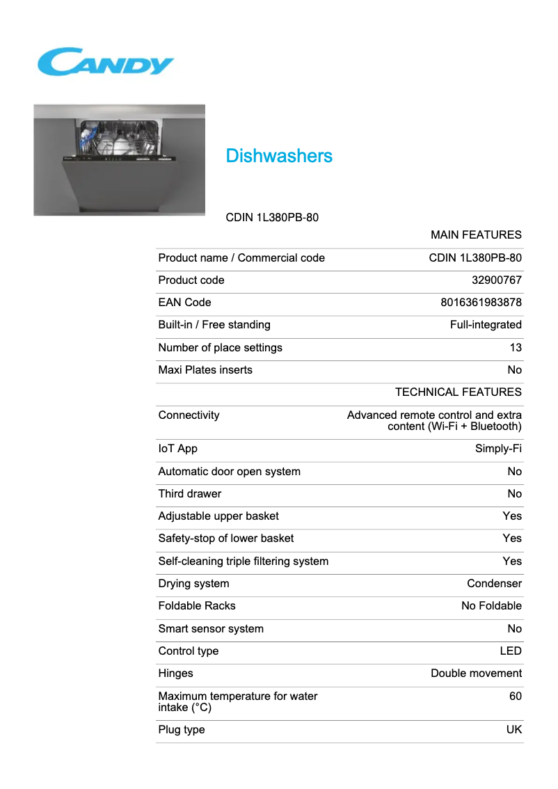 Page 1 de la notice Fiche technique Candy CDIN 1L380PB-80