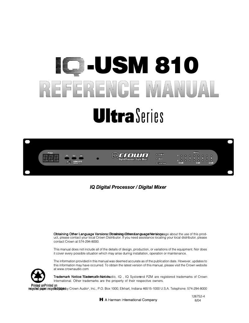 Page 1 de la notice Manuel utilisateur Crown IQ-USM 810