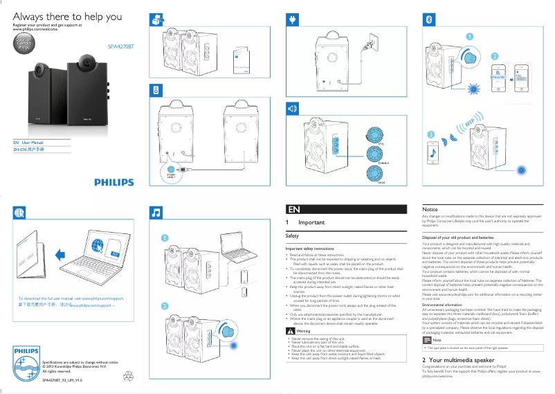 Page n°1 - Guide de démarrage rapide Philips SPA4270BT