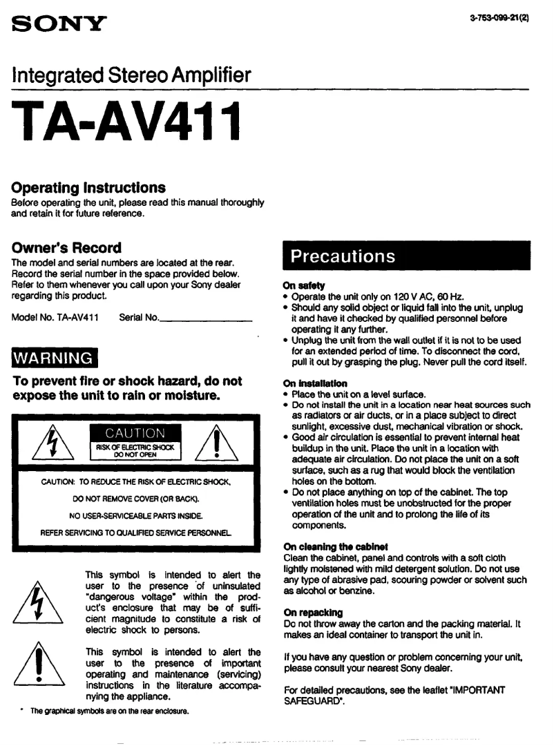 Page n°1 - Manuel utilisateur Sony TA-AV411