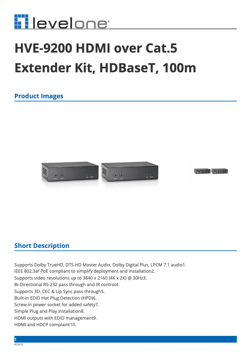 Page 1 de la notice Fiche technique LevelOne HVE-9200