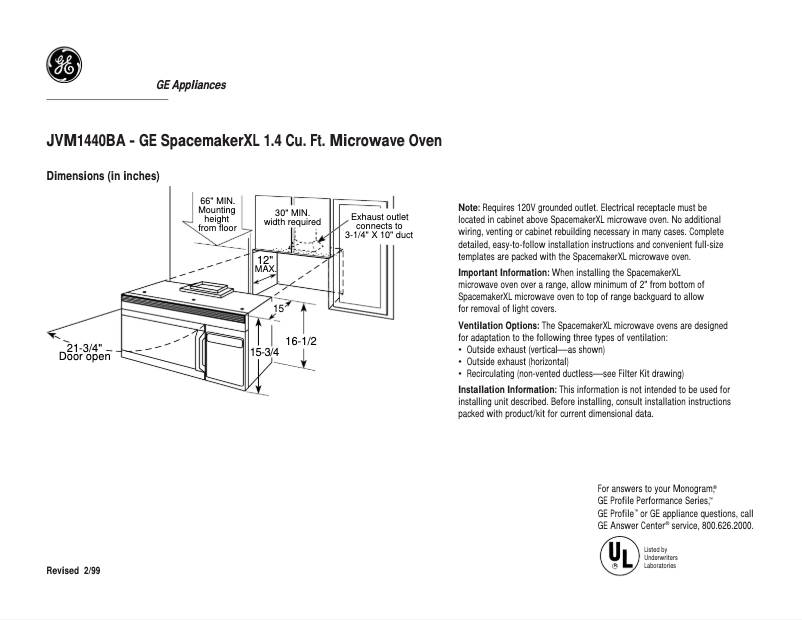 Page 1 de la notice Fiche technique GE JVM1440BA
