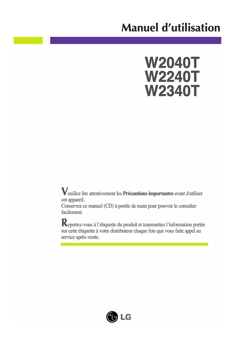 Page 1 de la notice Manuel utilisateur LG W2340T-PN