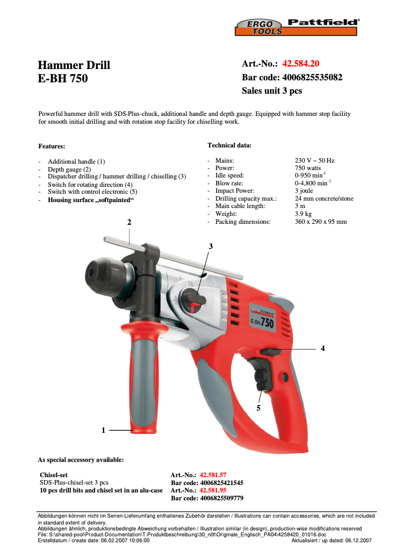 Page 1 de la notice Manuel utilisateur Ergotools Pattfield E-BH 750