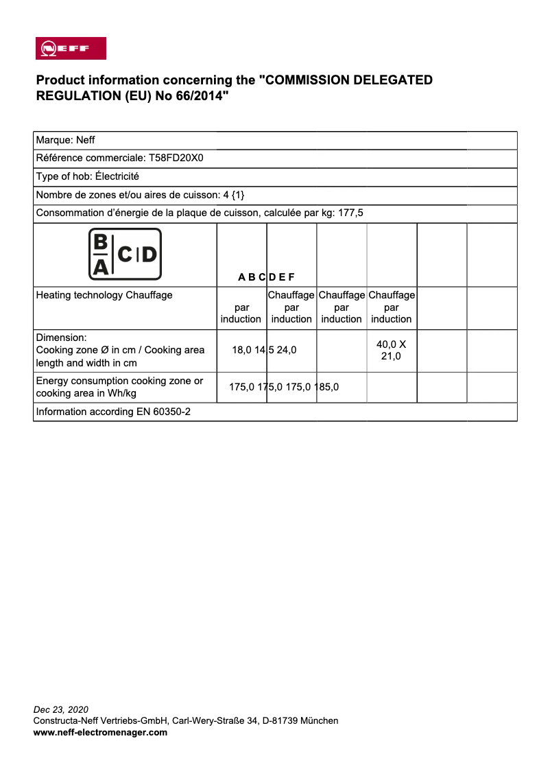 Page 1 de la notice Label énergétique Neff T58FD20X0