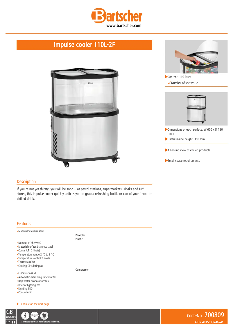 Page 1 de la notice Fiche technique Bartscher 110L-2F