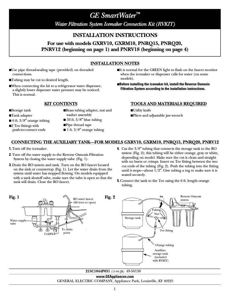 Page 1 de la notice Guide d'installation GE GXRV10ABL