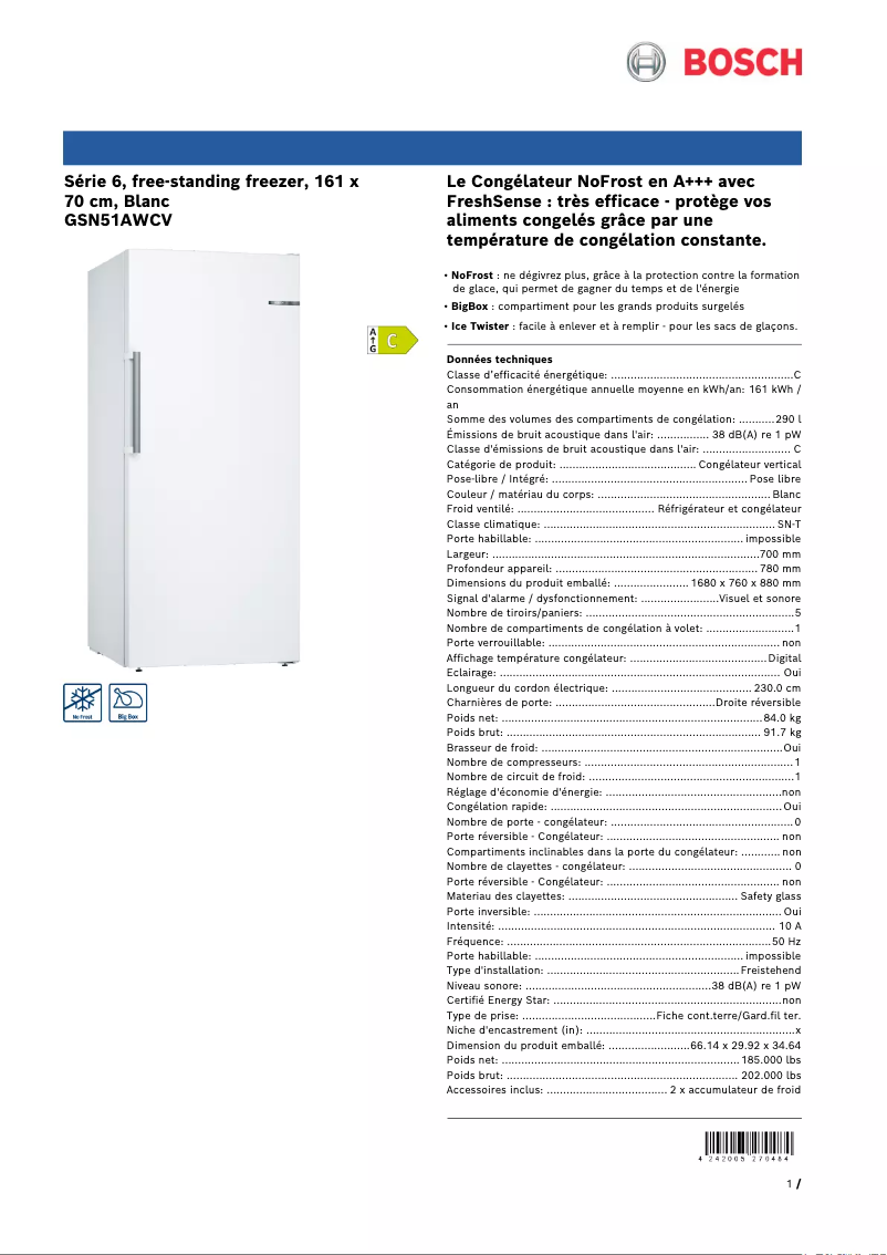 Page n°1 - Fiche technique Bosch GSN51AWCV