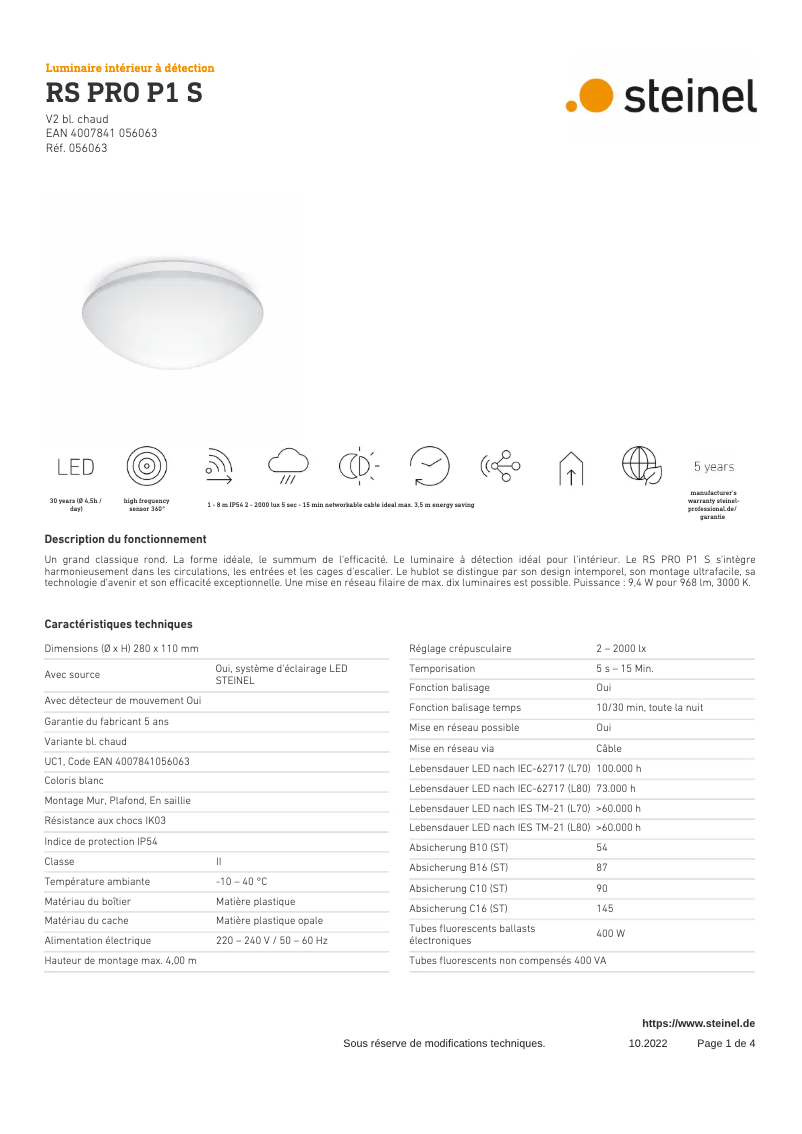 Page 1 de la notice Fiche technique Steinel RS PRO P1 S