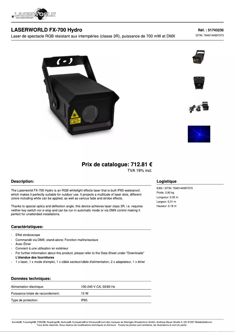 Page 1 de la notice Fiche technique Laserworld FX-700 Hydro