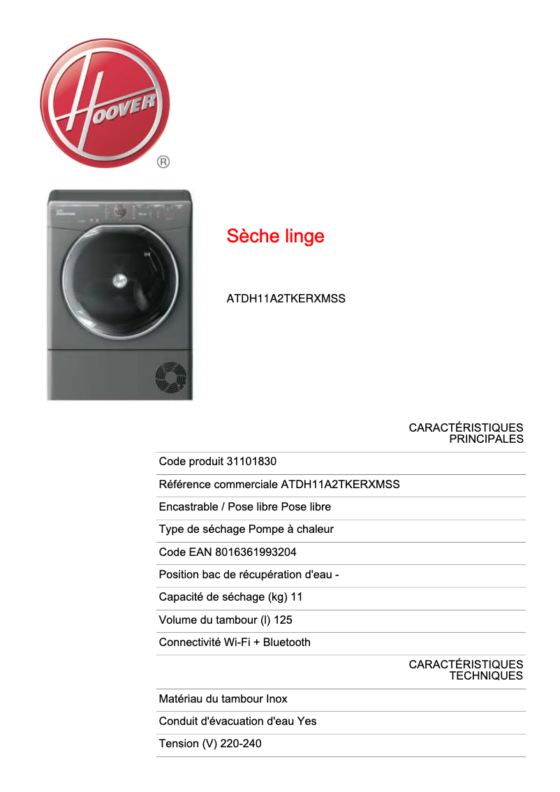 Page n°1 - Fiche technique Hoover ATDH11A2TKERXMSS