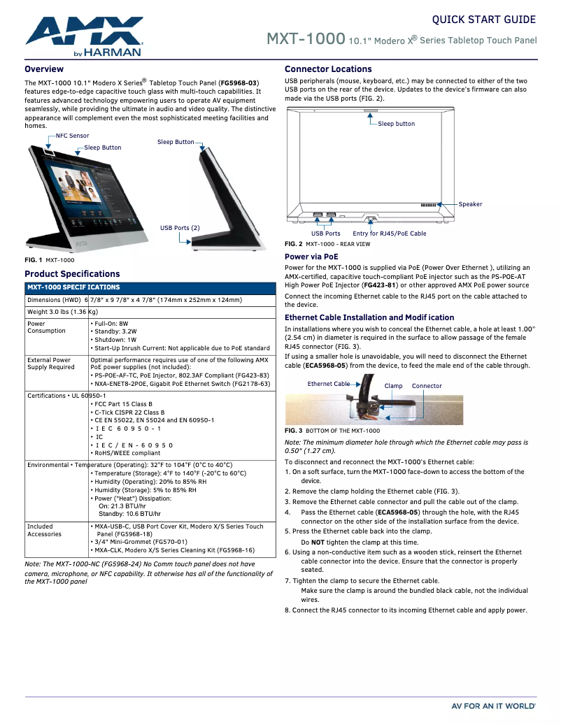 Page 1 de la notice Guide de démarrage rapide AMX MXT-1000-NC