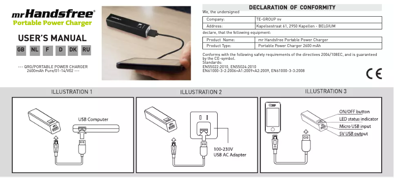 Page 1 de la notice Manuel utilisateur Mr. Handsfree Portable Power Charger