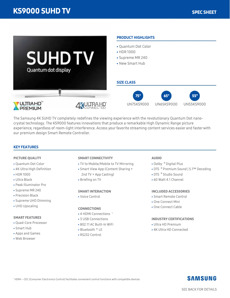 Page 1 de la notice Fiche technique Samsung UN75KS9000F