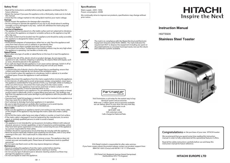 Page 1 de la notice Manuel utilisateur Hitachi H02TSS09