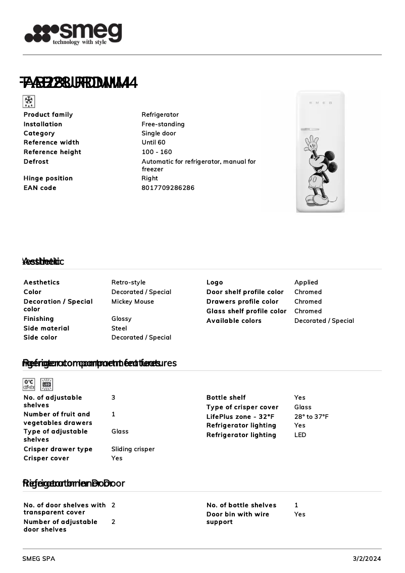 Page 1 de la notice Fiche technique Smeg FAB28URDMM4