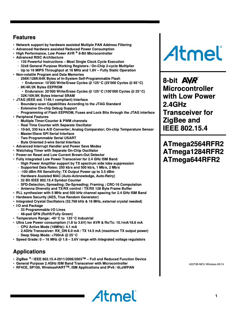 Page 1 de la notice Fiche technique Microchip ATmega1284RFR2