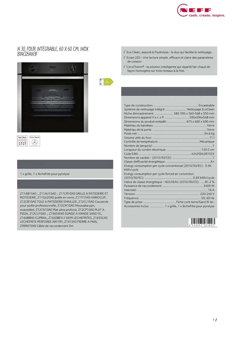 Page n°1 - Fiche technique Neff B1ACD5AN3F