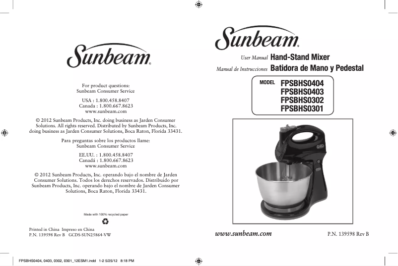 Page 1 de la notice Manuel utilisateur Sunbeam FPSBHS0301