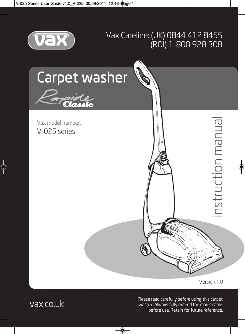 Page n°1 - Manuel utilisateur Vax Rapide Classic V-024