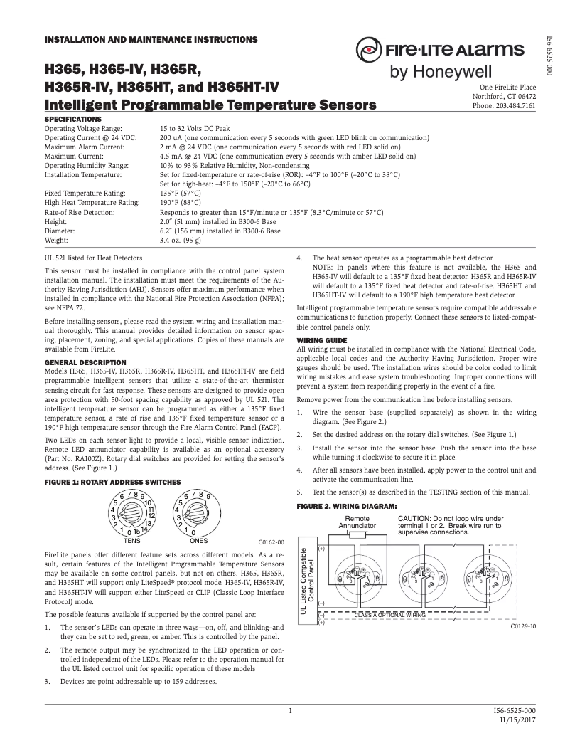 Page 1 de la notice Manuel utilisateur Fire-Lite H365R