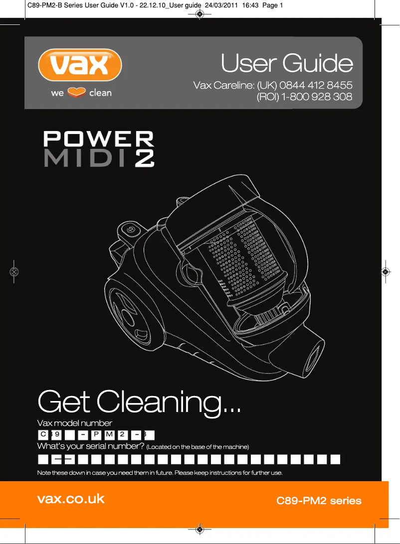 Page 1 de la notice Manuel utilisateur Vax Power VX C90-PMV-B