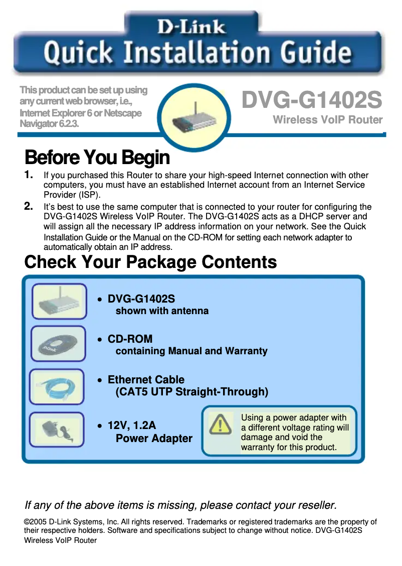 Page 1 de la notice Guide d'installation D-Link DVG-G1402S